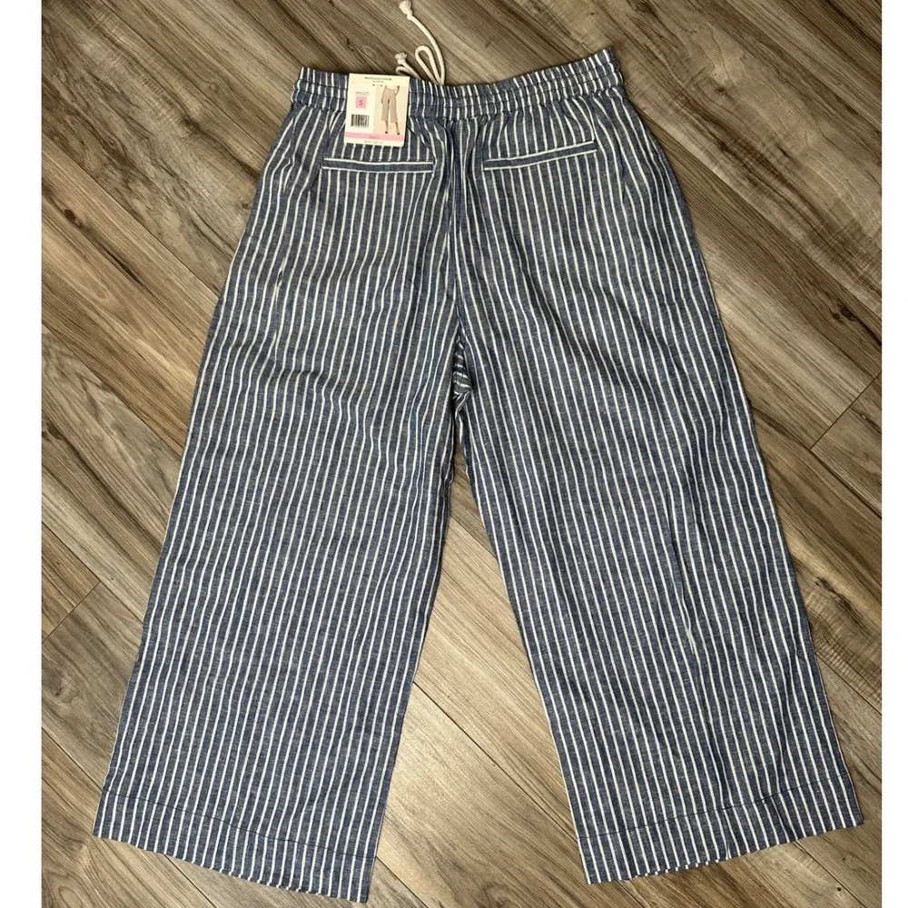 Beachlunchlounge Margot Striped Wide Leg Crop Pants Blue White Size Small NEW